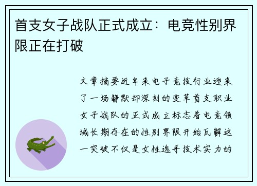 首支女子战队正式成立：电竞性别界限正在打破