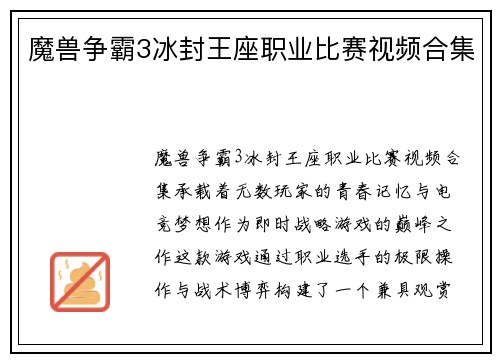 魔兽争霸3冰封王座职业比赛视频合集
